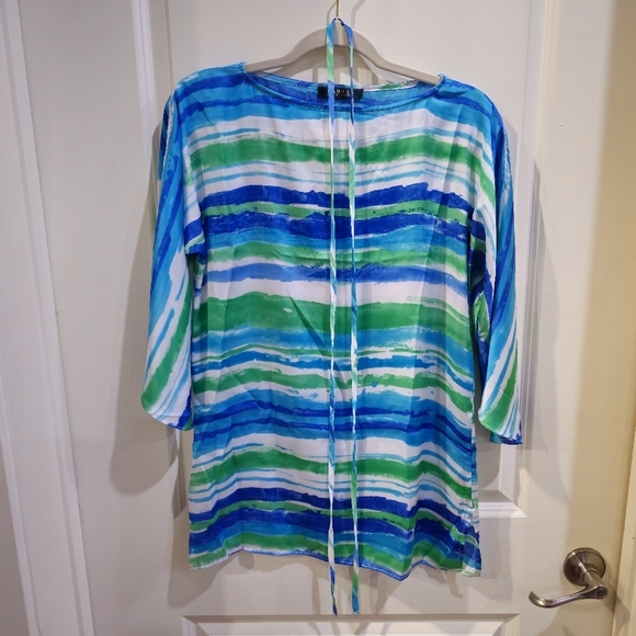 Lauren Ralph Lauren ✦ Blue Green Stripe Blouse ✦ Flowy ¾ Sleeve Tie Accessory - Picture 5 of 15